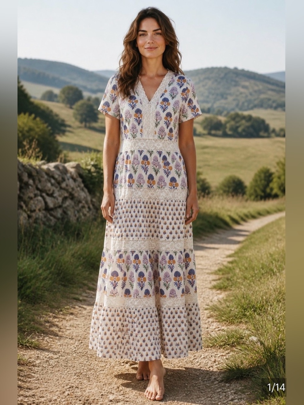 100% cotton Pink Chicken Tiered Block Print Maxi Dress Crochet-Trim Floral Sz L